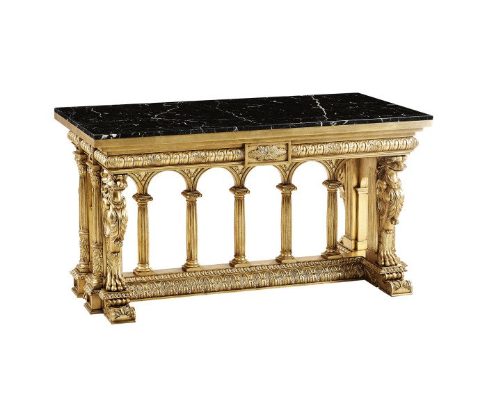 French Library Table - Gold leaf & Nero Marquina marble top