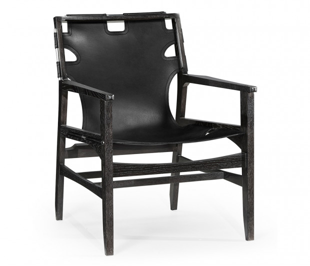 Midcentury Style Slung Black Leather & Black Mocha Oak Easy Chair Midcentury Style Slung Black Leather & Black Mocha Oak Easy Chair