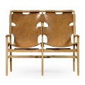 Midcentury Style Slung Leather & Light Oak Two Seat Bench