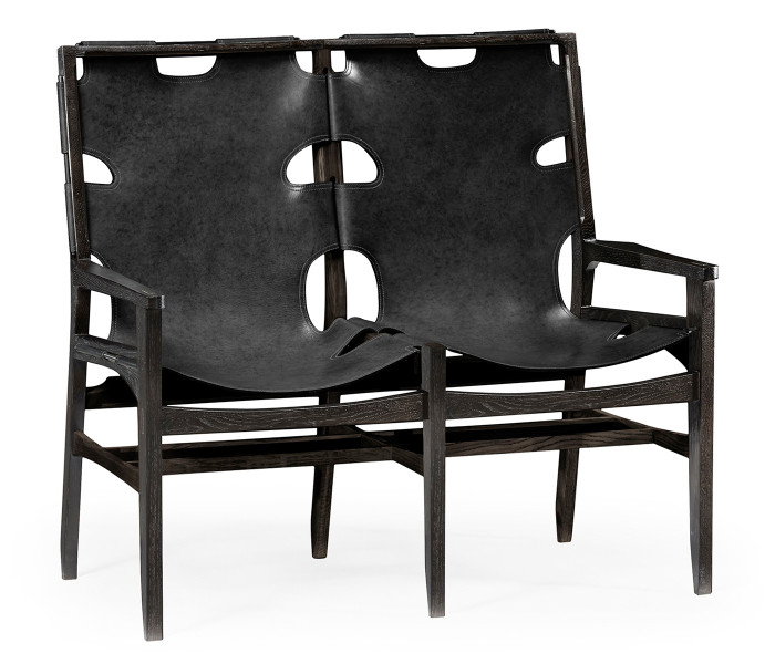 Midcentury Style Slung Black Leather & Black Mocha Oak Two Seat Bench