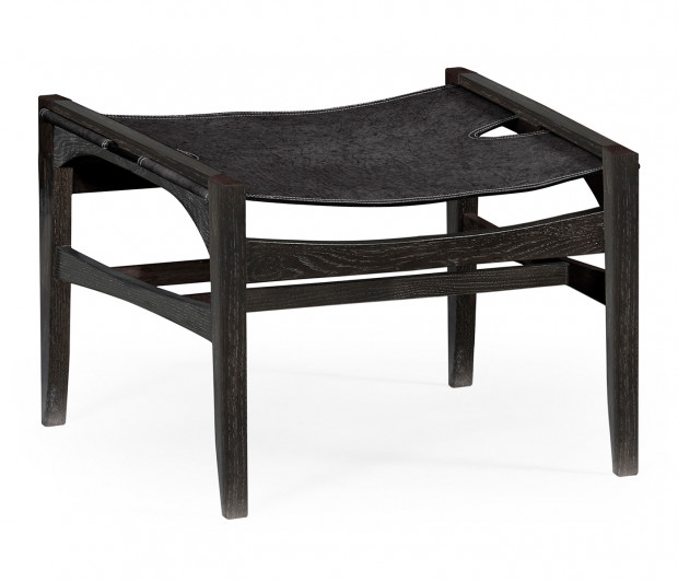 Midcentury Style Slung Black Leather & Black Mocha Oak Stool or Footstool Midcentury Style Slung Black Leather & Black Mocha Oak Stool or Footstool