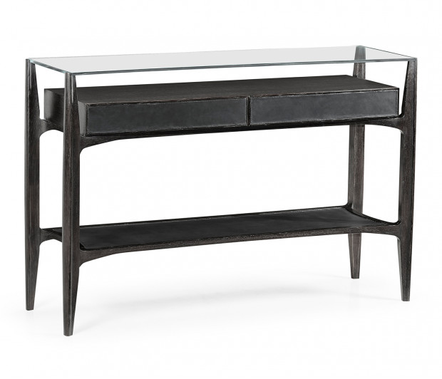 Architects Black Leather & Black Mocha Oak Console Table with Drawers and Glass Top Architects Black Leather & Black Mocha Oak Console Table with Drawers and Glass Top