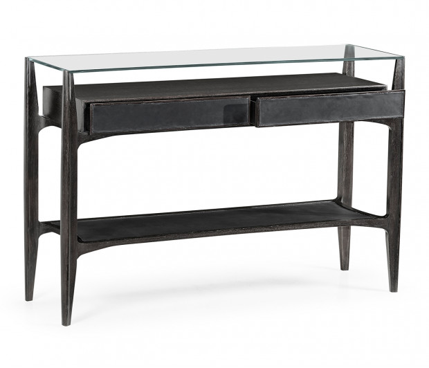Architects Black Leather & Black Mocha Oak Console Table with Drawers and Glass Top Architects Black Leather & Black Mocha Oak Console Table with Drawers and Glass Top