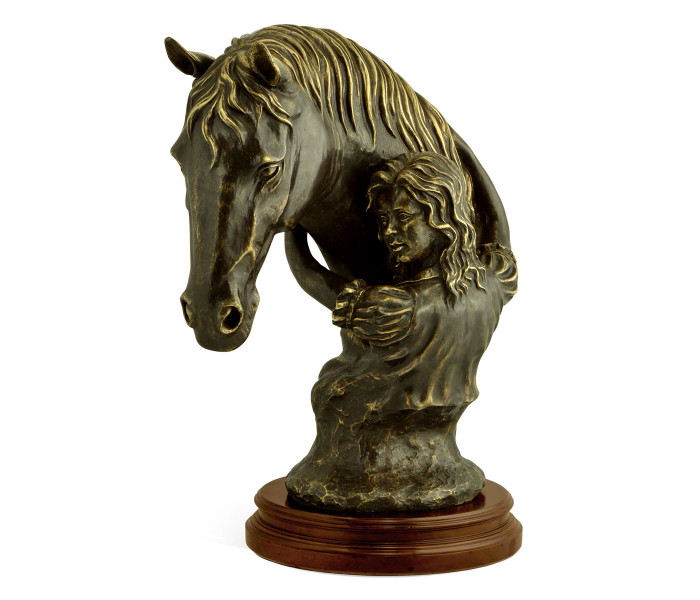 Antique Dark Bronze Young Girl & Her Horse