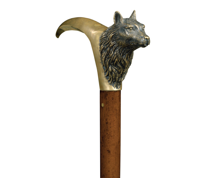 Mahogany Walking Stick with Brass Wolf Topper
