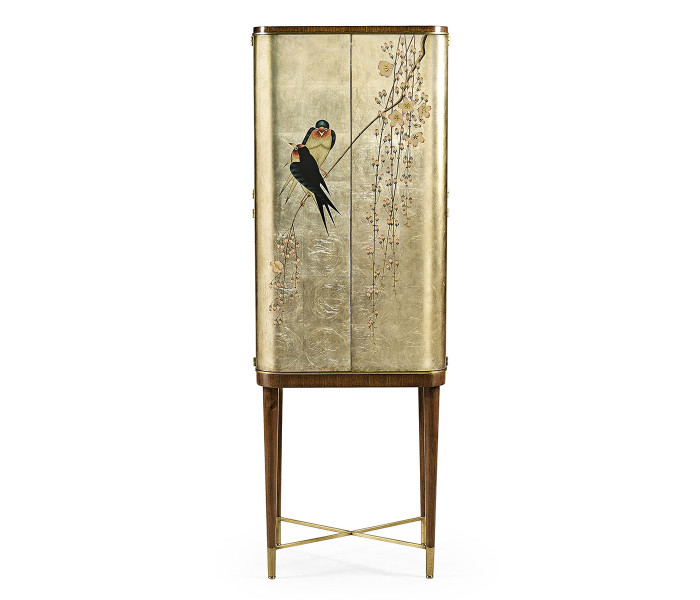 Handpainted Birds on Rich Walnut & Light Gold Foil Drinks Cabinet