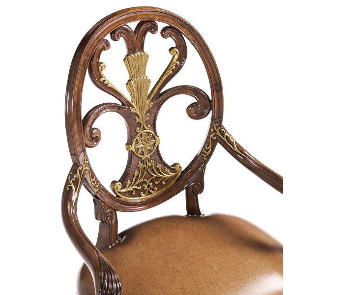 Sheraton Style Burl Walnut Oval Back Arm Chair