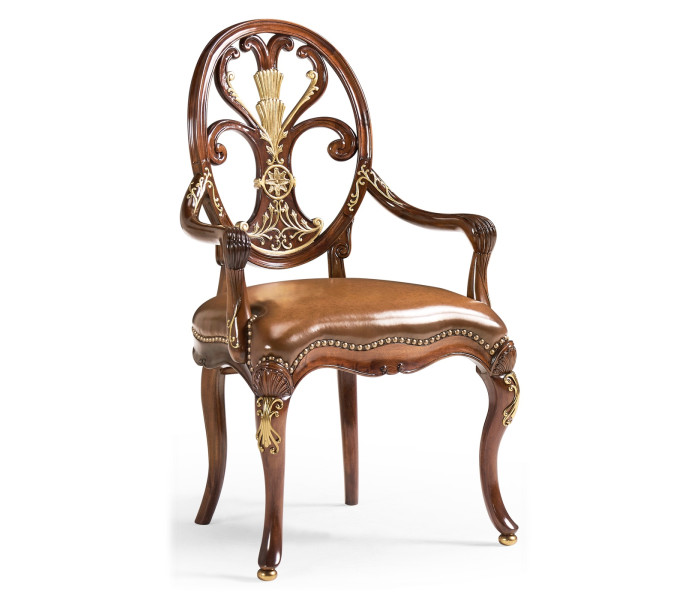 Sheraton Style Burl Walnut Oval Back Arm Chair