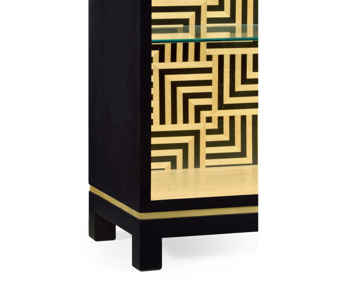 Black Display Cabinet with Interior Geometric Pattern