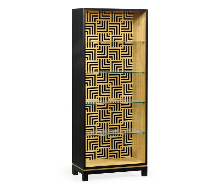 Black Display Cabinet with Interior Geometric Pattern