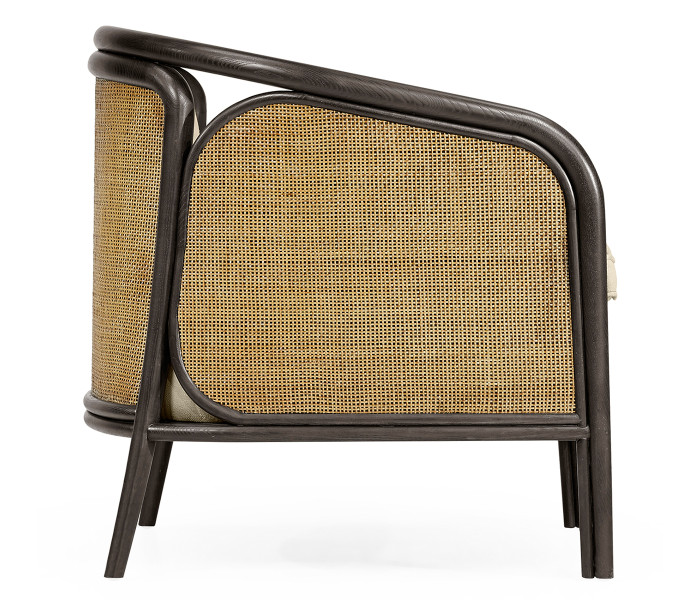Dark Brown Ash & Woven Rattan Occasional Chair, Upholstered in MAZO