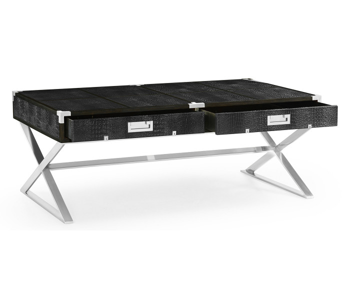 Campaign Style Dark Santos Rosewood & Faux Black Croc Leather Coffee Table with Drawers