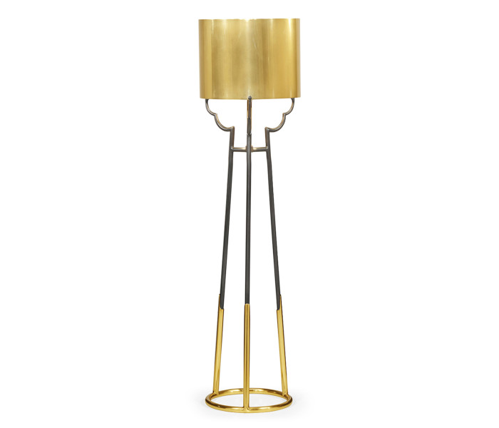 Contemporary Antique Satin Gold Brass & Black Stainless Steel Floor Lamp