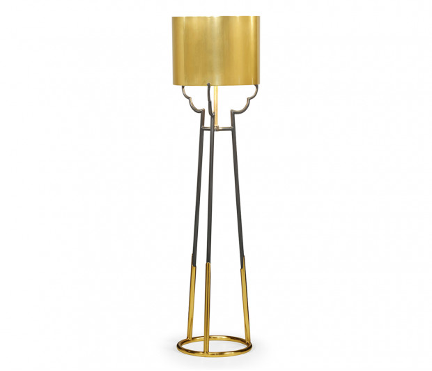Contemporary Antique Satin Gold Brass & Black Stainless Steel Floor Lamp