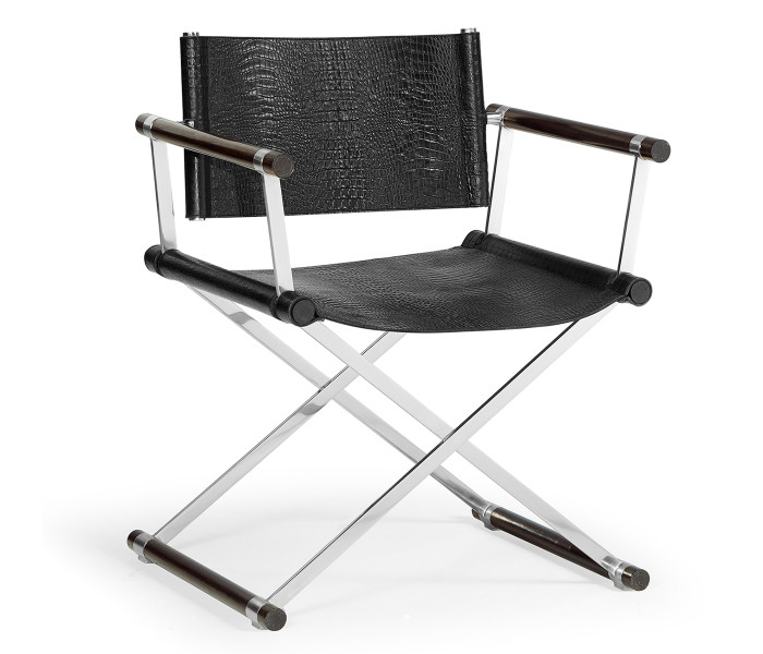 Campaign Style Dark Santos Rosewood Directors Chair, Upholstered in Faux Black Croc Leather