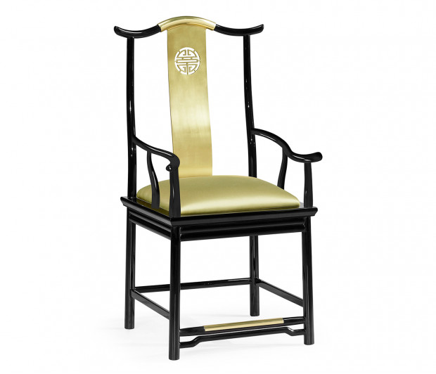 Asian Fusion Black Gloss & Brass Dining Arm Chair, Upholstered in Gold Silk