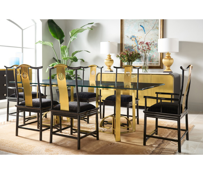 Asian Fusion Black Gloss & Brass Dining Arm Chair, Upholstered in Gold Silk