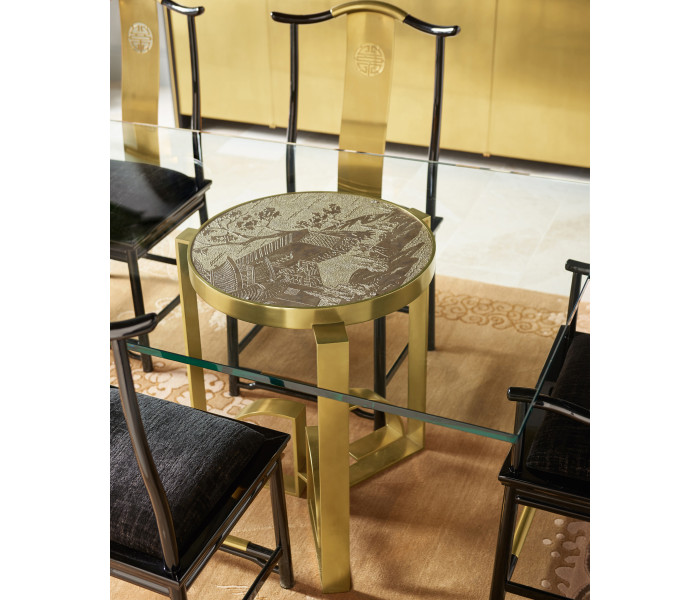 Asian Fusion Black Gloss & Brass Dining Arm Chair, Upholstered in Gold Silk