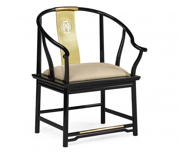 Asian Fusion Rounded Black Gloss & Brass Dining Arm Chair, Upholstered in MAZO