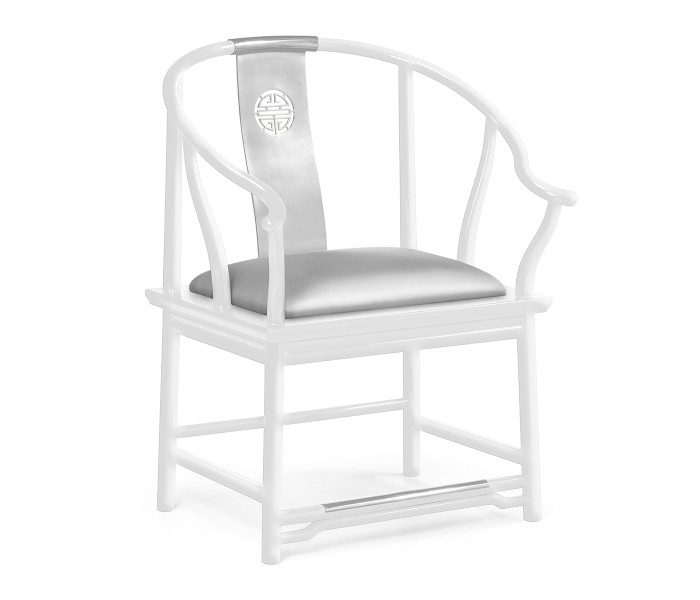 Asian Fusion Rounded White Gloss & Stainless Steel Dining Arm Chair, Upholstered in Silver Silk
