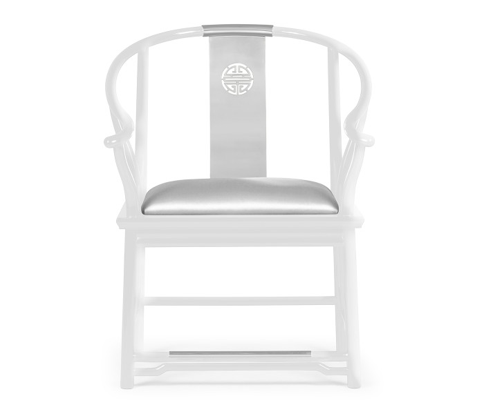 Asian Fusion Rounded White Gloss & Stainless Steel Dining Arm Chair, Upholstered in Silver Silk