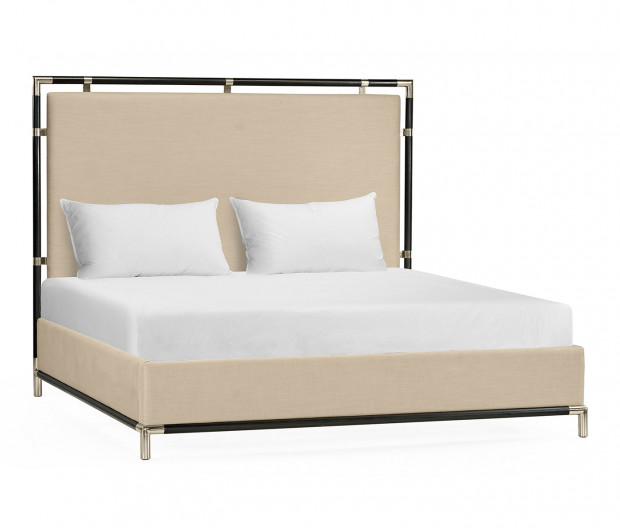 Campaign Style Ebonised Oak Cali King Bed, Upholstered in MAZO Campaign Style Ebonised Oak Cali King Bed, Upholstered in MAZO