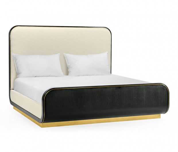 Fusion Curved Ebonised Oak Cali King Bed, Upholstered in Castaway Fusion Curved Ebonised Oak Cali King Bed, Upholstered in Castaway