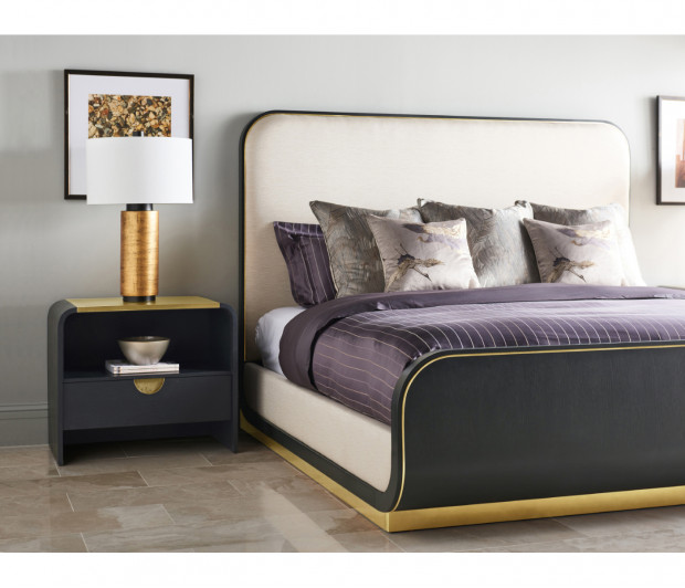 Fusion Curved Ebonised Oak Cali King Bed, Upholstered in Castaway Fusion Curved Ebonised Oak Cali King Bed, Upholstered in Castaway