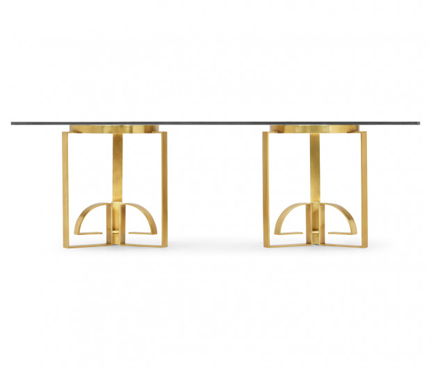 87" Fusion Rectangular Chinoiserie Antique Etched Brass Dining Table with Clear Glass Top