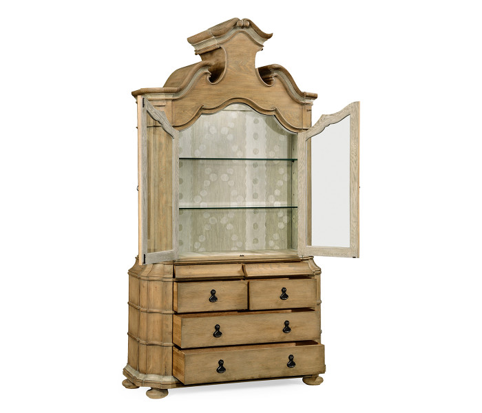 Oulton Vintage Oak Cabinet with Glass Doors & Glass Shelves