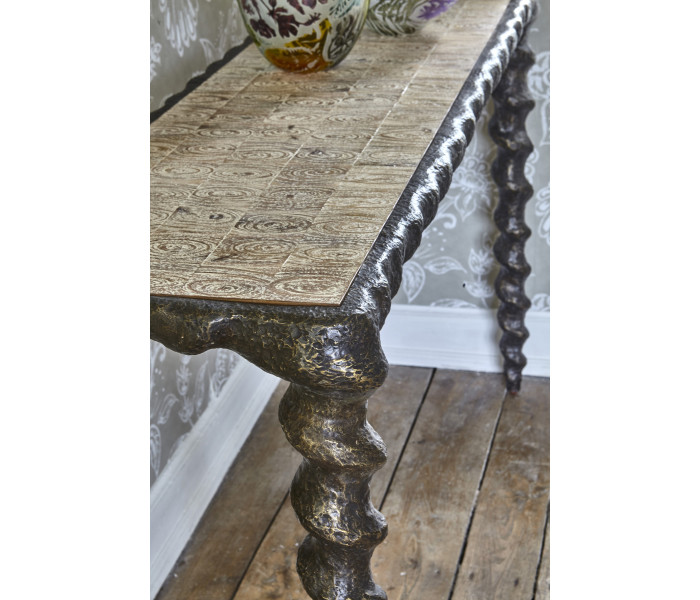Karinta Antique Brass Console Table with Oyster Veneer Top