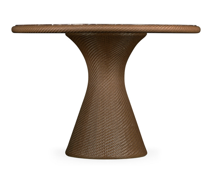 Round Tan Rattan Dining Table with a Dark Marble Top