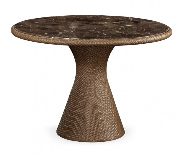 Round Tan Rattan Dining Table with a Dark Marble Top Round Tan Rattan Dining Table with a Dark Marble Top