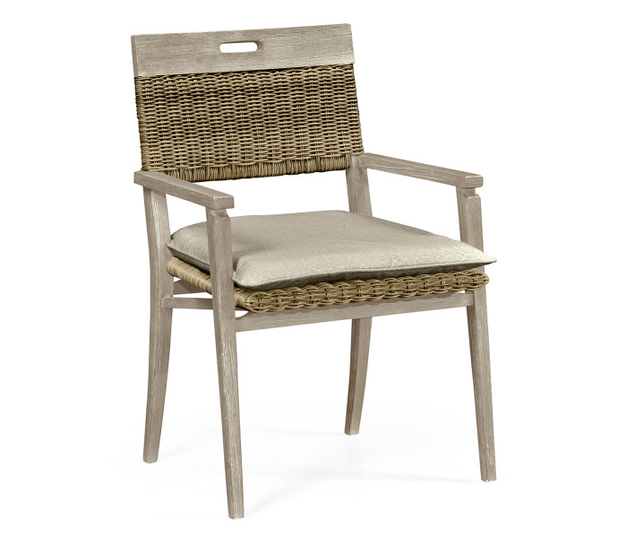 Square Back Navajo Sand & Rattan Dining Chair with Cushion, Upholstered in Standard Outdoor Fabric