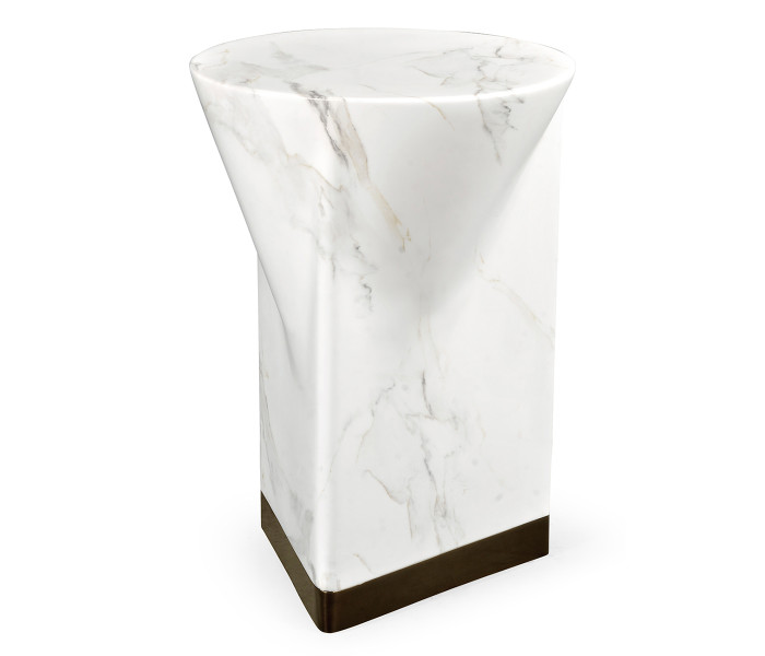 Round to L-Shape Faux White & Grey Marble End Table