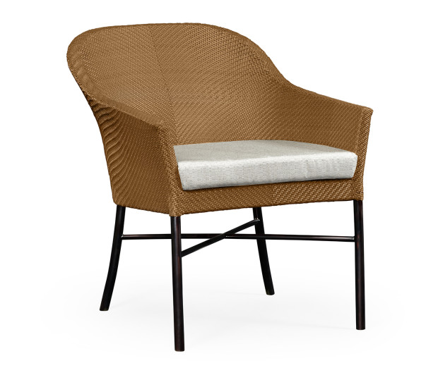 Rounded Back Mocha Steel & Tan Rattan Dining Chair with Cushion, Upholstered in Standard Outdoor Fabric Rounded Back Mocha Steel & Tan Rattan Dining Chair with Cushion, Upholstered in Standard Outdoor Fabric
