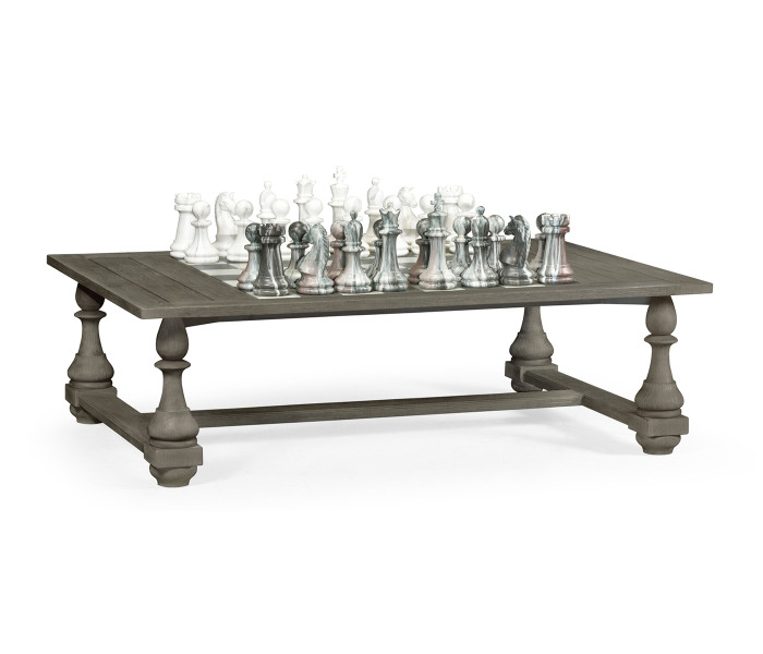 Rectangular Grey Games Coffee Table with Faux Marble Top and Chess & Checker Pieces