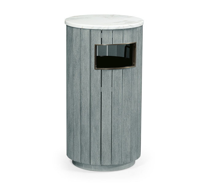 Round Cloudy Grey & Antique Brass Wastebasket with Faux Marble Top