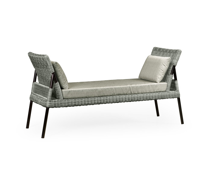 Light Grey Rattan Latt Bench with Cushion & Pillows, Upholstered in Standard Outdoor Fabric