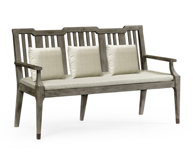 Grey Garden Bench with Cushion & Pillows, Upholstered in Standard Outdoor Fabric