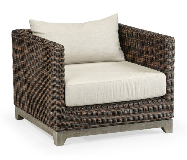 34" Grey & Rattan Sofa Chair, Upholstered in Standard Outdoor Fabric