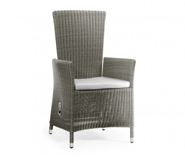 Grey Wicker Rattan Dining Chair with Reclining Back, Upholstered in COM Grey Wicker Rattan Dining Chair with Reclining Back, Upholstered in COM