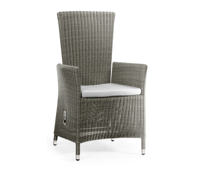 Grey Wicker Rattan Dining Chair with Reclining Back, Upholstered in COM