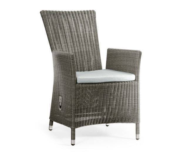 Grey Wicker Rattan Dining Chair with Reclining Back, Upholstered in COM Grey Wicker Rattan Dining Chair with Reclining Back, Upholstered in COM