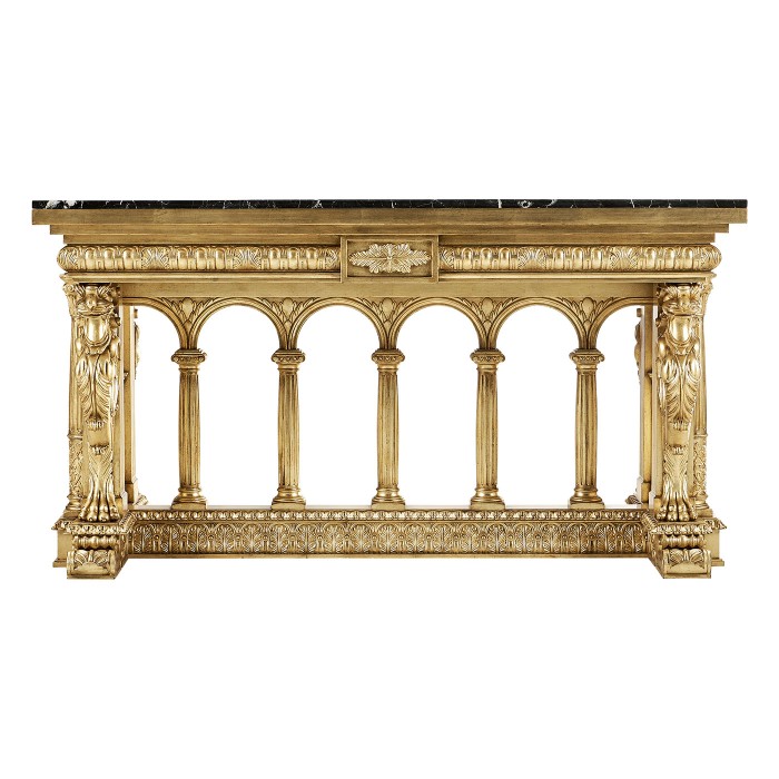 French Library Table - Gold leaf & Nero Marquina marble top