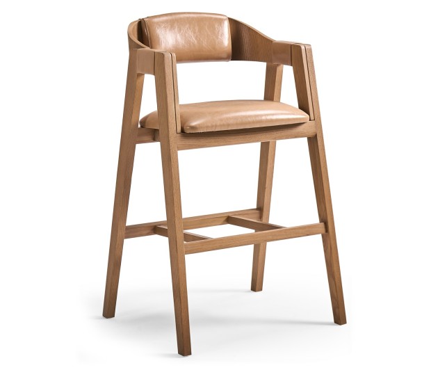 Brass, Wood and Leather Bar Stool