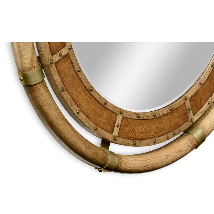 Circular Nautical Style Oak and Leather Mirror