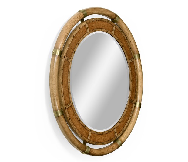 Circular Nautical Style Oak and Leather Mirror