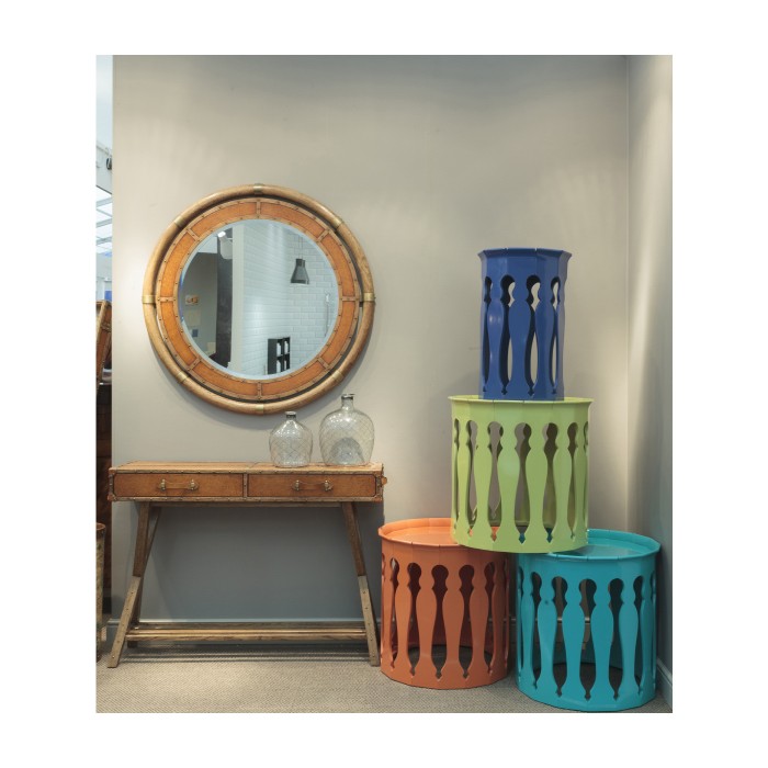 Circular Nautical Style Oak and Leather Mirror