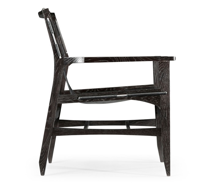 Midcentury Style Slung Black Leather & Black Mocha Oak Easy Chair